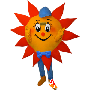 Orange, gul och blå solmaskot med keps - Spotsound maskot