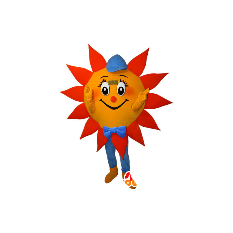 Orange, gul och blå solmaskot med keps - Spotsound maskot