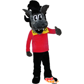 Mascot Wolf grau und schwarz mit einem Rock-Frisur - MASFR032384 - Maskottchen-Wolf