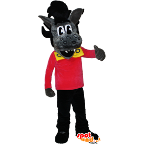 Mascot grijze en zwarte wolf met een rock kapsel - MASFR032384 - Wolf Mascottes