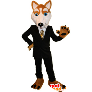 Mascotte de renard orange et blanc habillé d'un costume noir - MASFR032388 - Mascottes Renard