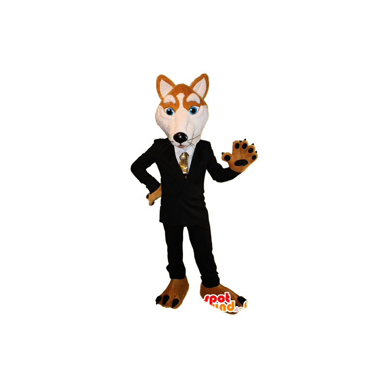 Mascotte de renard orange et blanc habillé d'un costume noir - MASFR032388 - Mascottes Renard