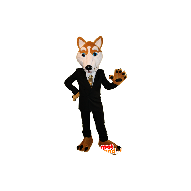 Mascote laranja e branco fox vestido em um terno preto - MASFR032388 - Fox Mascotes