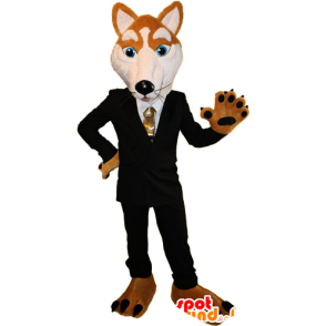 Orange and white fox mascot dressed in a black suit - MASFR032388 - Mascots Fox