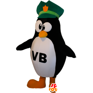 Svartvit pingvinmaskot med en polishatt - Spotsound maskot