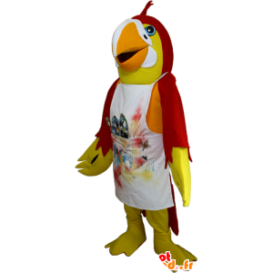 Gul och röd papegojamaskot med ett förkläde - Spotsound maskot