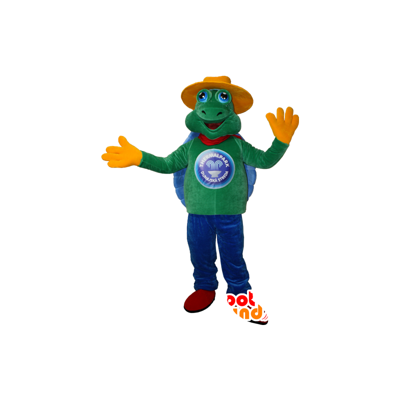 Green and blue turtle mascot with a yellow hat - MASFR032399 - Mascots turtle