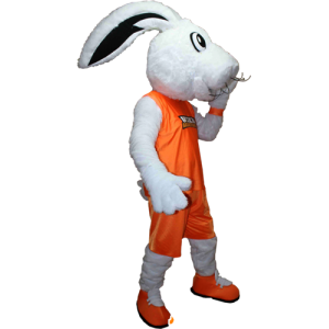 Mascotte de lapin blanc habillé d'une tenue de sport orange - MASFR032406 - Mascotte sportives