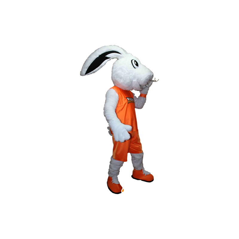Blanco mascota del conejito vestido con una ropa deportiva de color naranja - MASFR032406 - Mascota de deportes