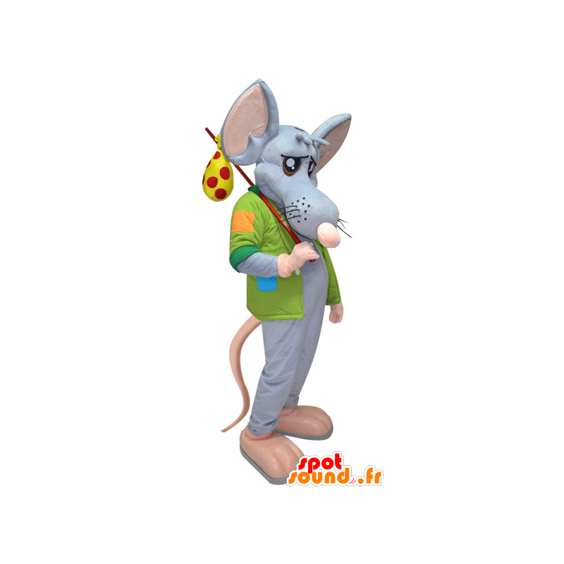 Mascotte de rat bleu et rose géant avec une veste et un baluchon - MASFR032408 - Mascottes non-classées