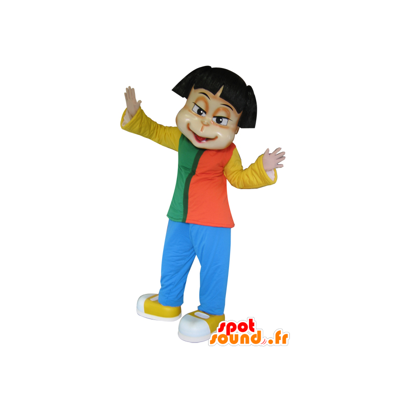Morena mascote menina vestida com uma roupa colorida - MASFR032413 - Mascotes Boys and Girls