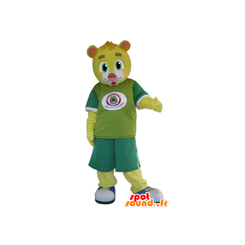 Mascote de pelúcia amarelo vestido no verde - MASFR032418 - mascote do urso
