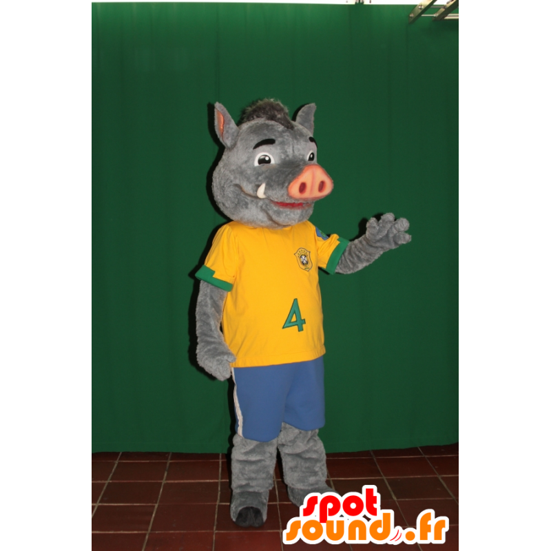 Mascotte de sanglier gris et rose en tenue de sport - MASFR032420 - Mascotte sportives