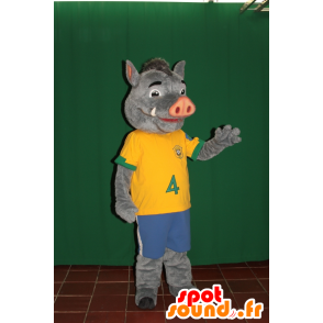 Mascotte de sanglier gris et rose en tenue de sport - MASFR032420 - Mascotte sportives