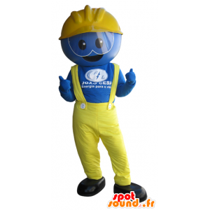 Mascot blue man, worker, dressed in yellow - MASFR032421 - Human mascots