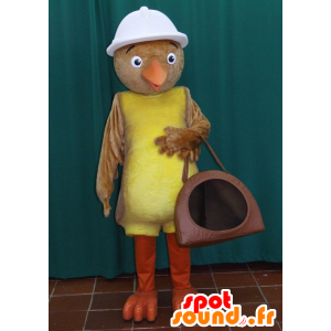 La mascota del pájaro de color marrón y amarillo con un casco blanco - MASFR032422 - Mascota de aves