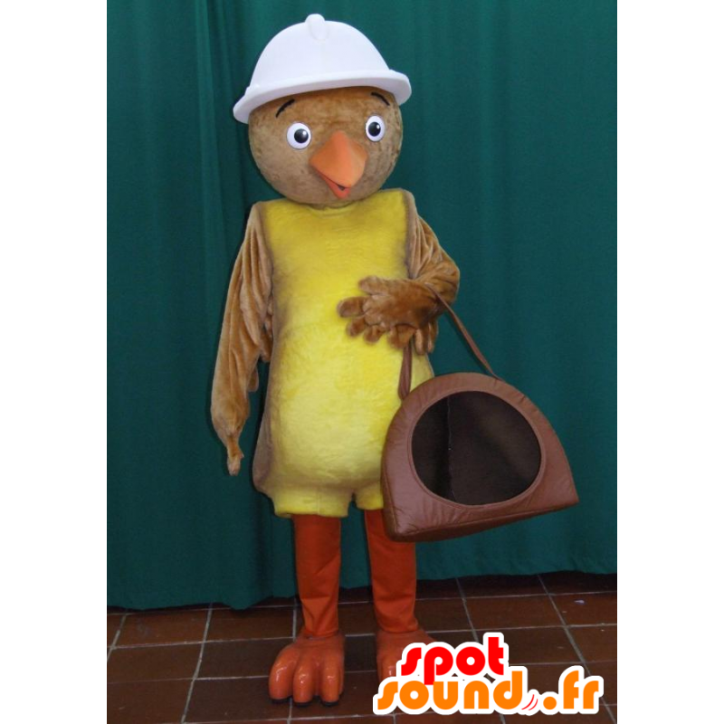 Mascot bruine en gele vogel met een witte helm - MASFR032422 - Mascot vogels