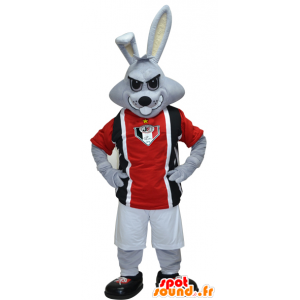 Szary królik maskotka ubrana w czarno-czerwonym sportowym - MASFR032423 - sport maskotka