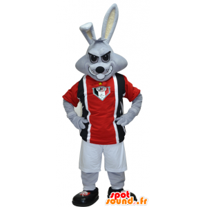 Mascotte de lapin gris en tenue de sport noire et rouge - MASFR032423 - Mascotte sportives