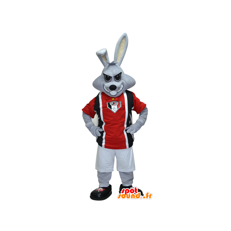 Grau Maskottchen Kaninchen in schwarz und rot gekleidet Sport - MASFR032423 - Sport-Maskottchen