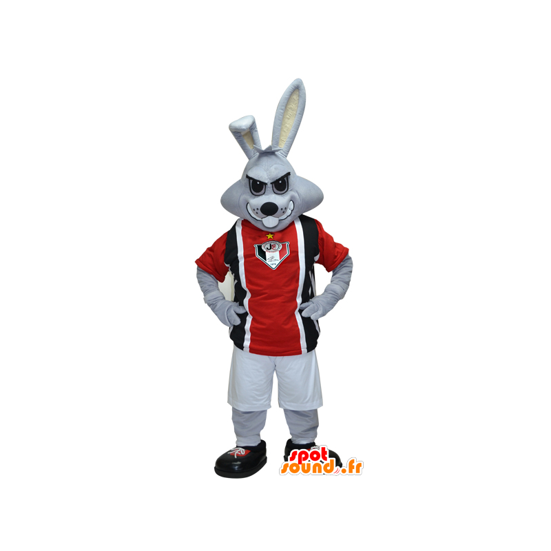 Grijs konijn mascotte gekleed in zwart en rood sport - MASFR032423 - sporten mascotte