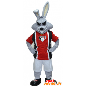 Gris de la mascota del conejo vestido con el deporte negras y rojas - MASFR032423 - Mascota de deportes