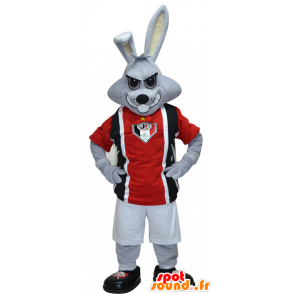 Grijs konijn mascotte gekleed in zwart en rood sport - MASFR032423 - sporten mascotte