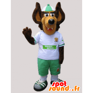 Bruin en beige wolf mascotte gekleed in wit en groen - MASFR032427 - Wolf Mascottes