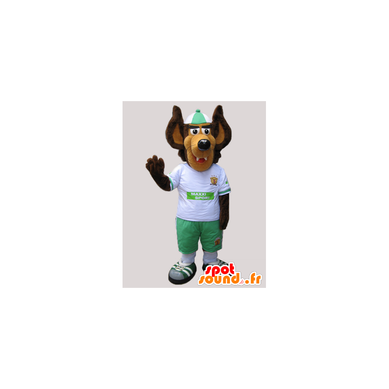 Brown and beige wolf mascot dressed in white and green - MASFR032427 - Mascots Wolf