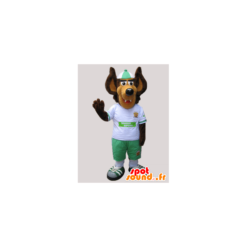 Bruin en beige wolf mascotte gekleed in wit en groen - MASFR032427 - Wolf Mascottes