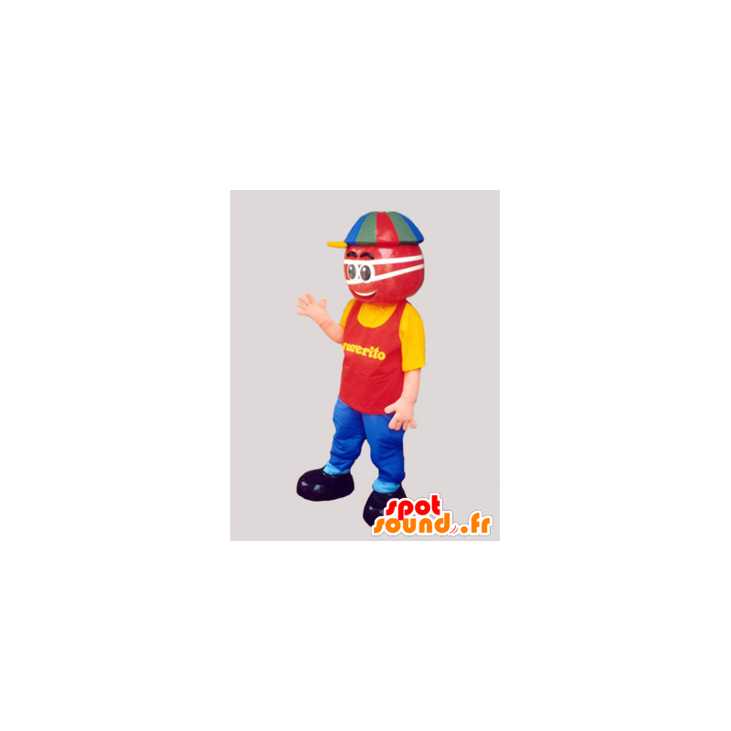 Mascote do boneco de neve vermelha vestida com uma roupa colorida - MASFR032428 - Mascotes homem