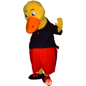 Mascota del pato amarillo, gigante, vestido de negro y rojo - MASFR032432 - Mascota de los patos