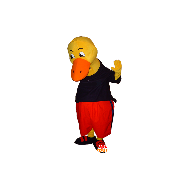 Mascota del pato amarillo, gigante, vestido de negro y rojo - MASFR032432 - Mascota de los patos