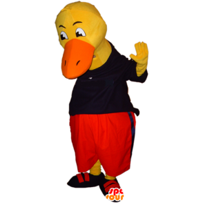 Gul andemaskot, kæmpe, klædt i sort og rød - Ænder maskot - MASFR032432 - SpotSound.fr