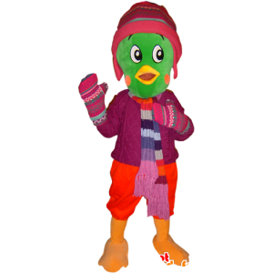 Grön fågelmaskot, klädd i vinterkläder - Spotsound maskot