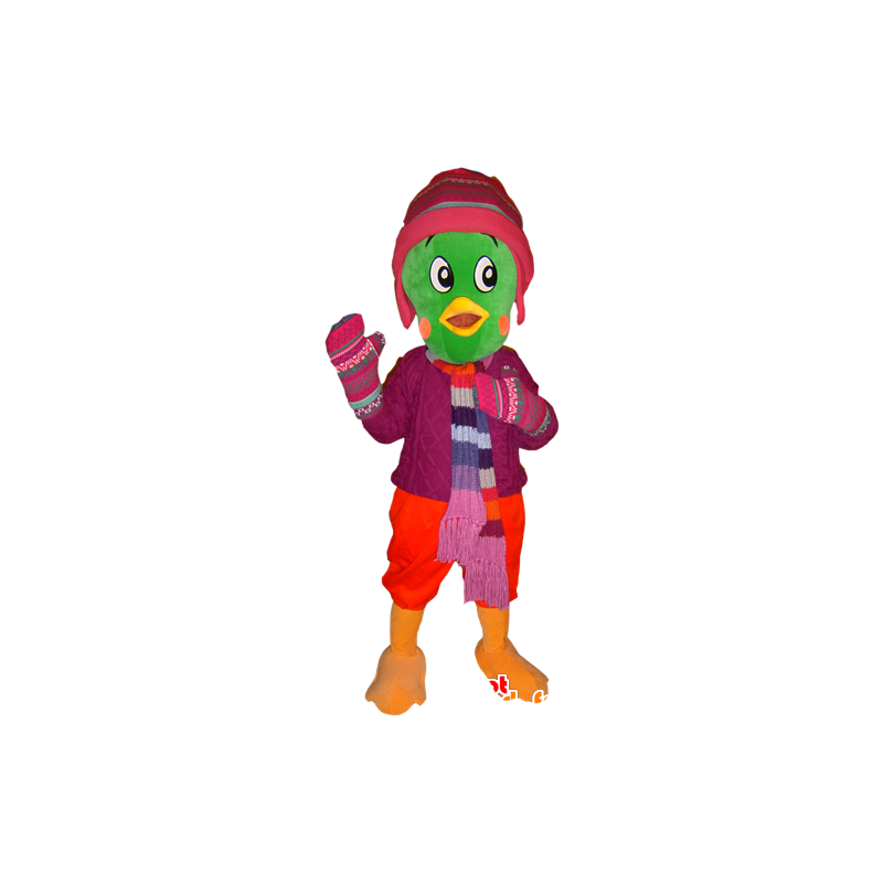 Mascotte d'oiseau vert, habillé en tenue d'hiver - MASFR032433 - Mascotte d'oiseaux