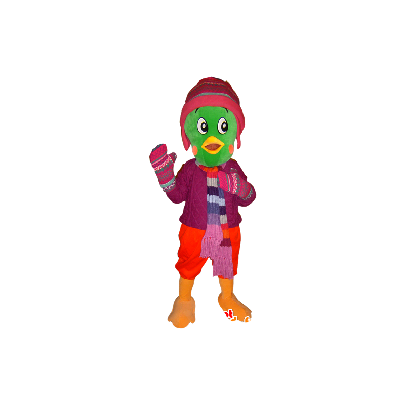 Mascot grønn fugl, kledd i vinter antrekk - MASFR032433 - Mascot fugler