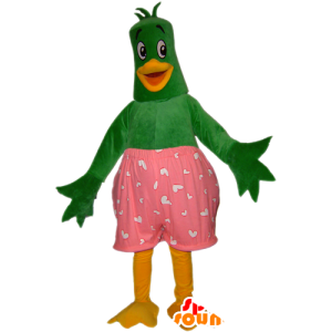 Mascotte d'oiseau, de canard vert et jaune avec un caleçon rose - MASFR032434 - Mascotte d'oiseaux