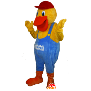 Gele eend mascotte gekleed oranje en blauwe overalls - MASFR032435 - Mascot eenden