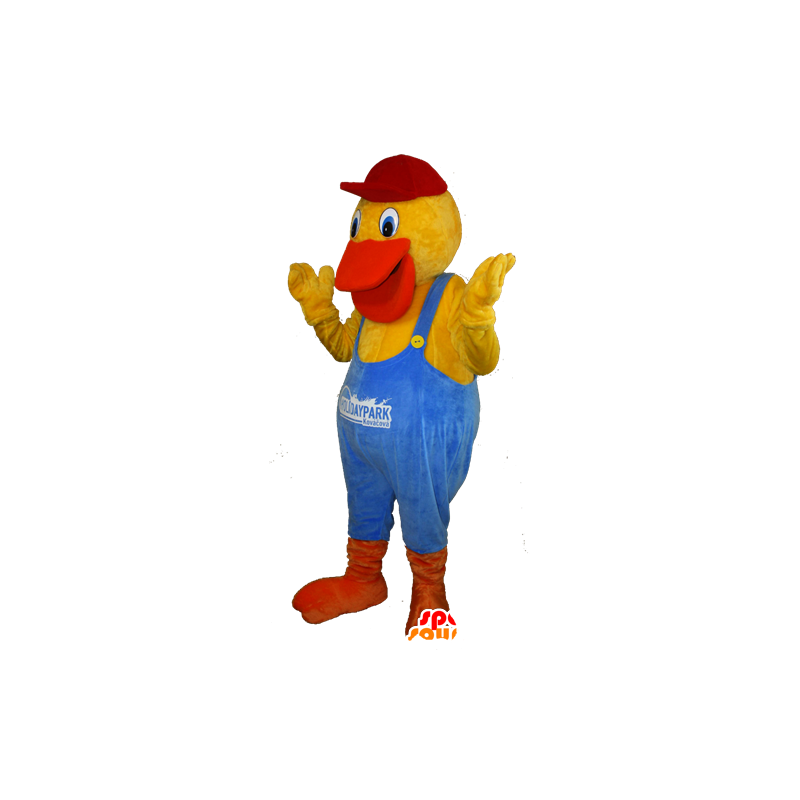 Gele eend mascotte gekleed oranje en blauwe overalls - MASFR032435 - Mascot eenden