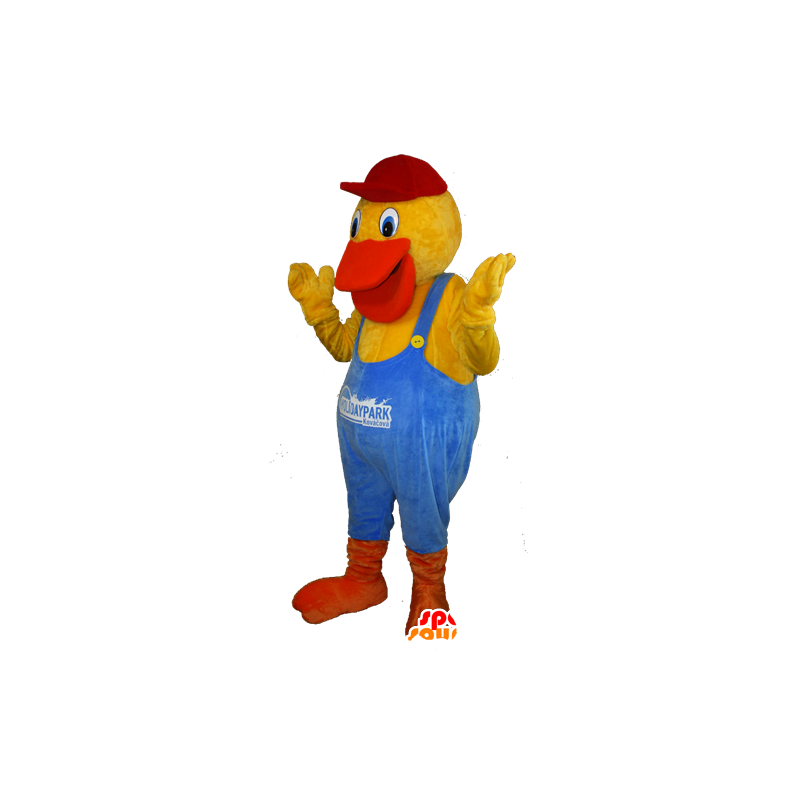 Žlutá kachna maskot oblékl oranžové a modré kombinézy - MASFR032435 - maskot kachny