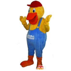 Gele eend mascotte gekleed oranje en blauwe overalls - MASFR032435 - Mascot eenden