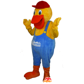 Žlutá kachna maskot oblékl oranžové a modré kombinézy - MASFR032435 - maskot kachny