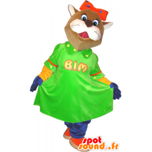 Brown and white cat mascot with a green dress - MASFR032442 - Cat mascots