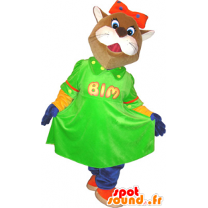 Brun og hvid kattemaskot med en grøn kjole - Kat maskotter - MASFR032442 - SpotSound.fr