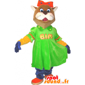 Brun og hvid kattemaskot med en grøn kjole - Kat maskotter - MASFR032442 - SpotSound.fr