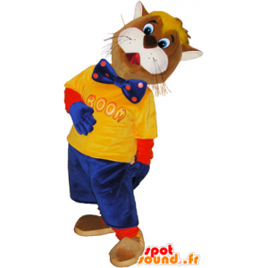 Mascota del gato marrón y blanco vestido de azul y amarillo - MASFR032443 - Mascotas gato