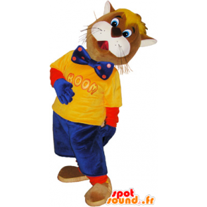 Mascotte de chat marron et blanc habillé en bleu et jaune - MASFR032443 - Mascottes de chat