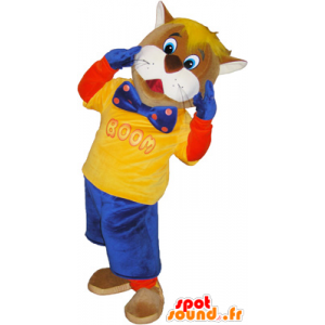 Brown and white cat mascot dressed in blue and yellow - MASFR032443 - Cat mascots