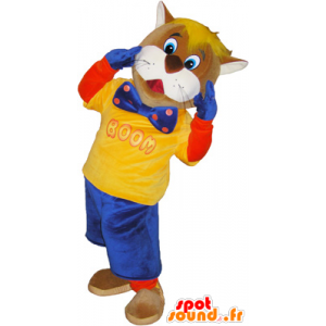 Mascotte de chat marron et blanc habillé en bleu et jaune - MASFR032443 - Mascottes de chat